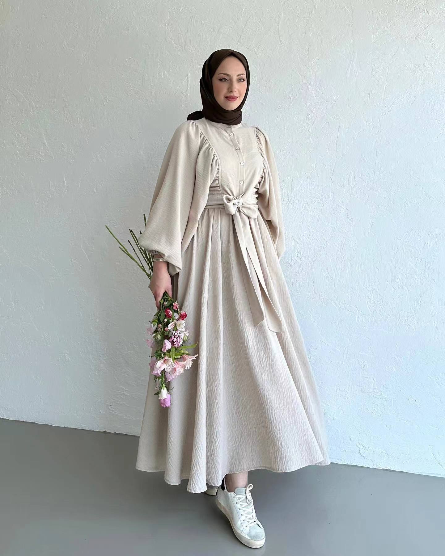Muslim Fashion Suit Bishop Sleeves Top Swing Mid-length Dress Set - Meesal