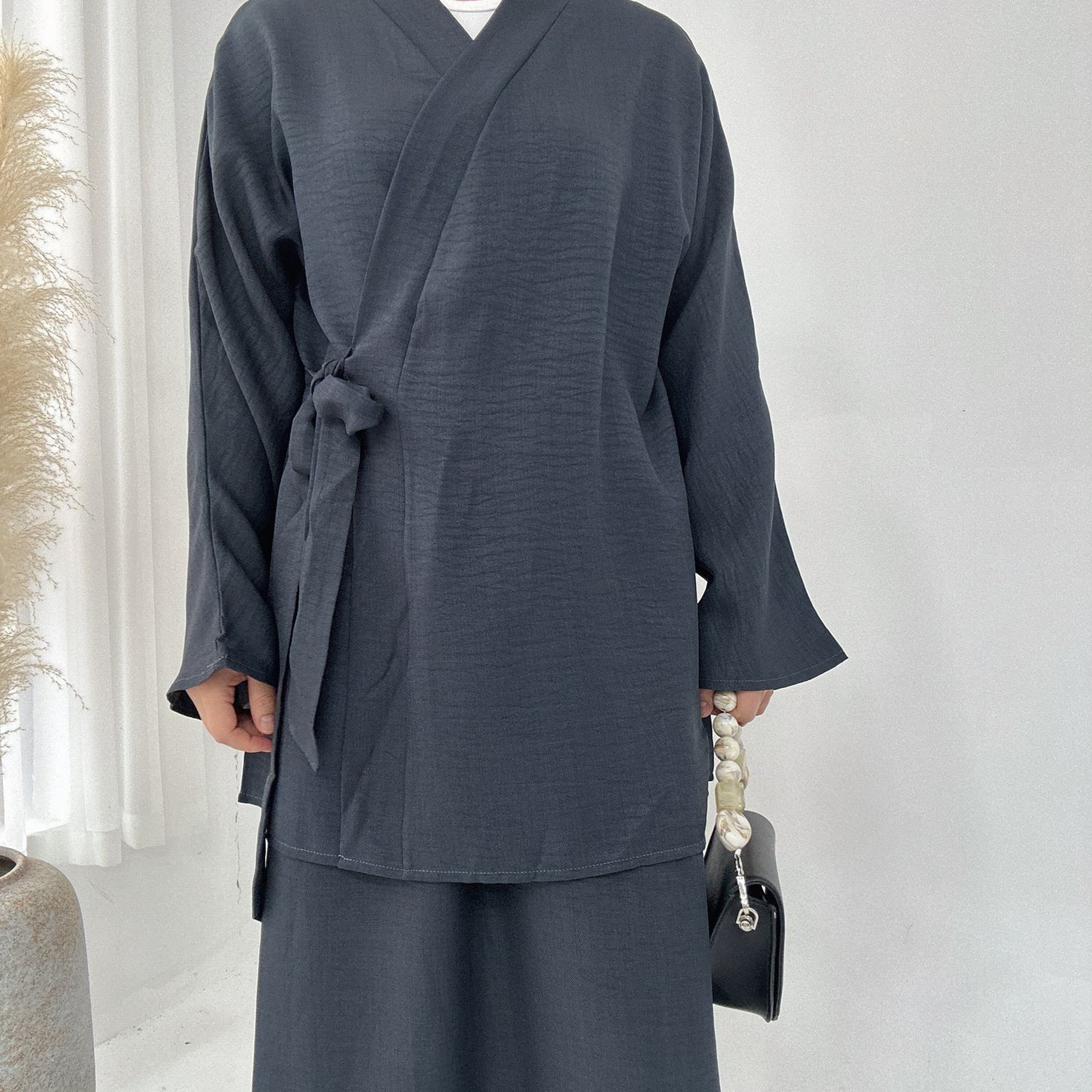 Solid Color Casual Lace Up Middle East Dubai Top And Skirt Suit - Meesal