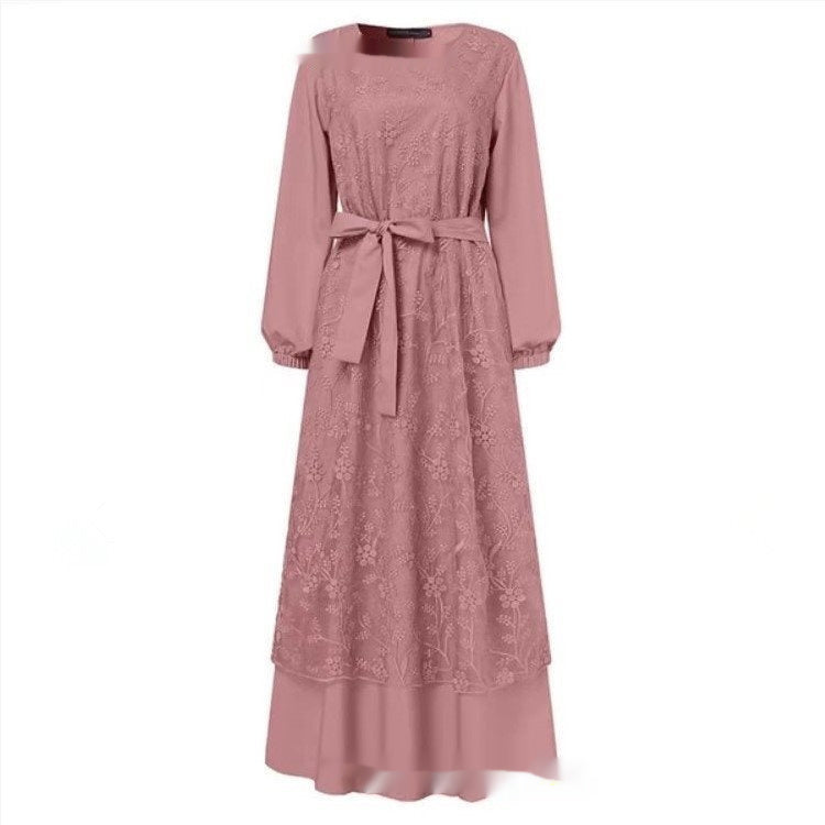 Muslim Round Neck Lace Floral Dress - Meesal