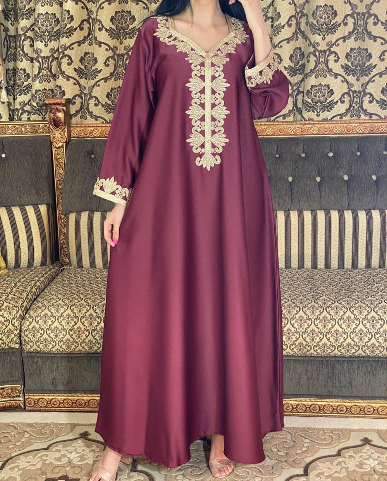 Middle East Dubai Embroidery  Bronzing Lace Jalabiya Dress - Meesal
