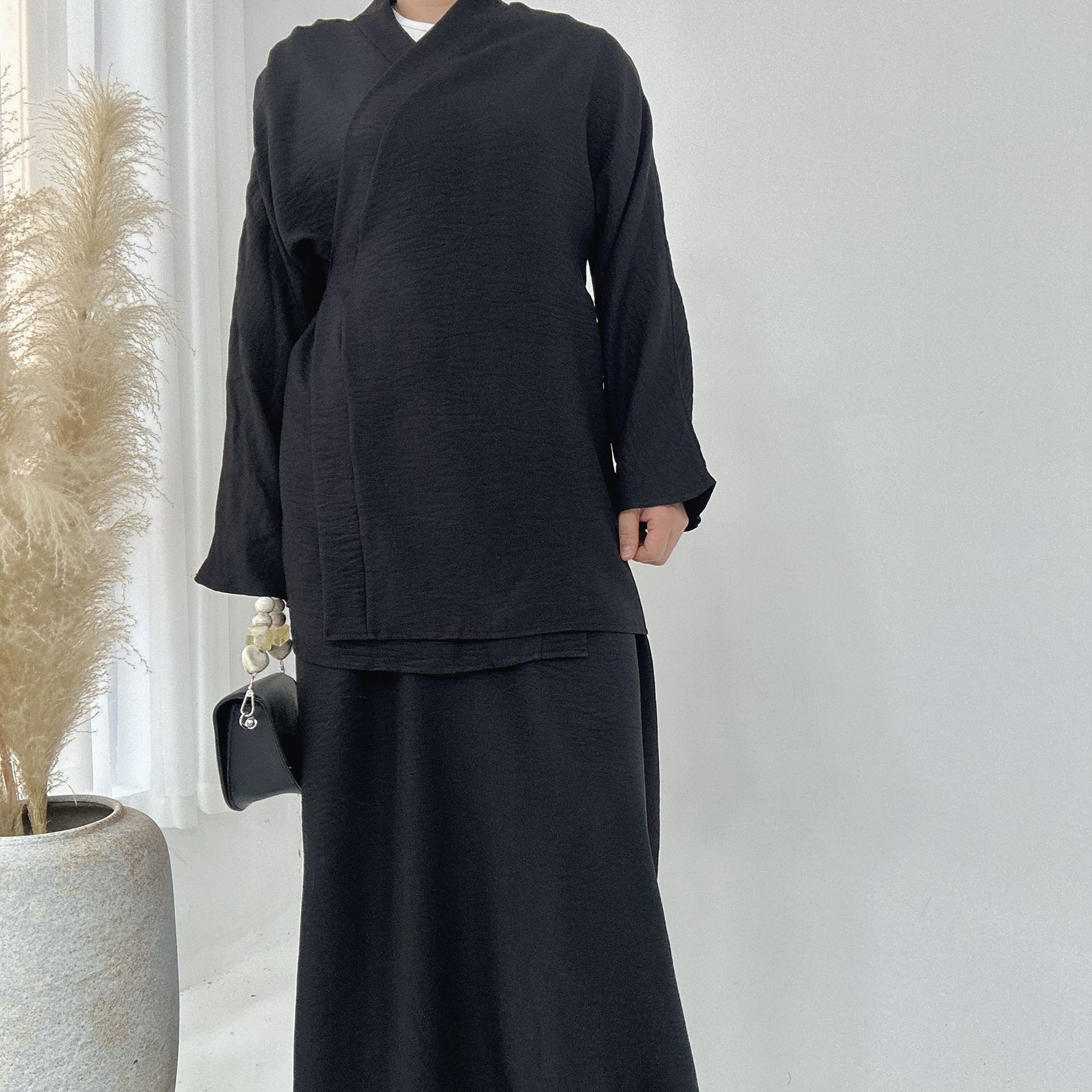 Solid Color Casual Lace Up Middle East Dubai Top And Skirt Suit - Meesal