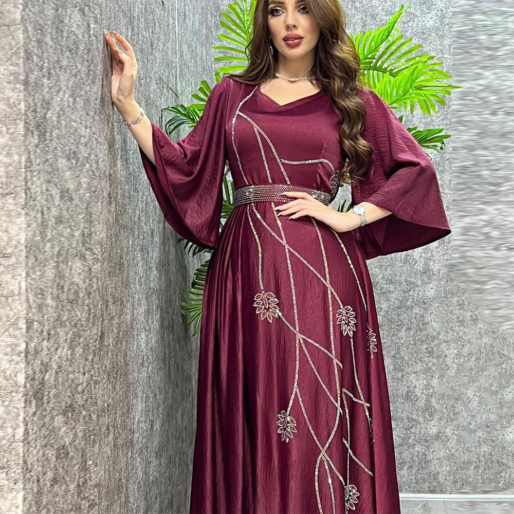 Muslim Leaves Pattern Rhinestone Belt Dubai Robe Gown - Meesal