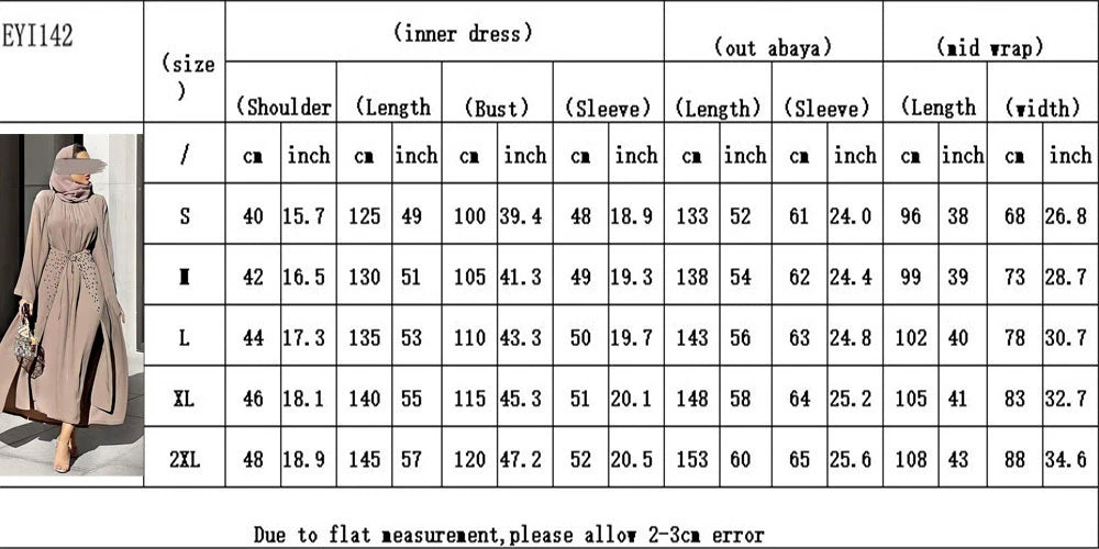 Eid Ramadan Muslim Arabic Abaya Islamic Women 3pcs/4pcs Suits Beads Open Kimono+Wrap+Dress Middle East Dubai Kaftan Turkey Sets - Meesal