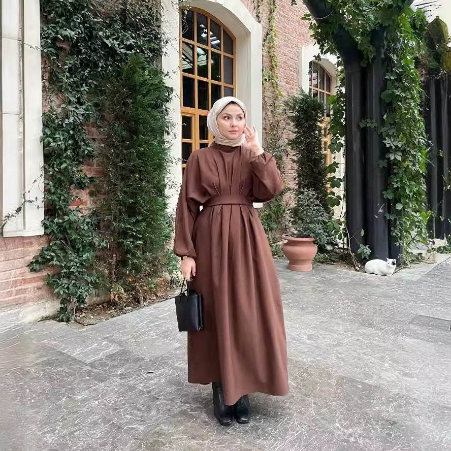 Middle East Turkey Dubai Solid Color Drawstring Sleeve Dress - Meesal