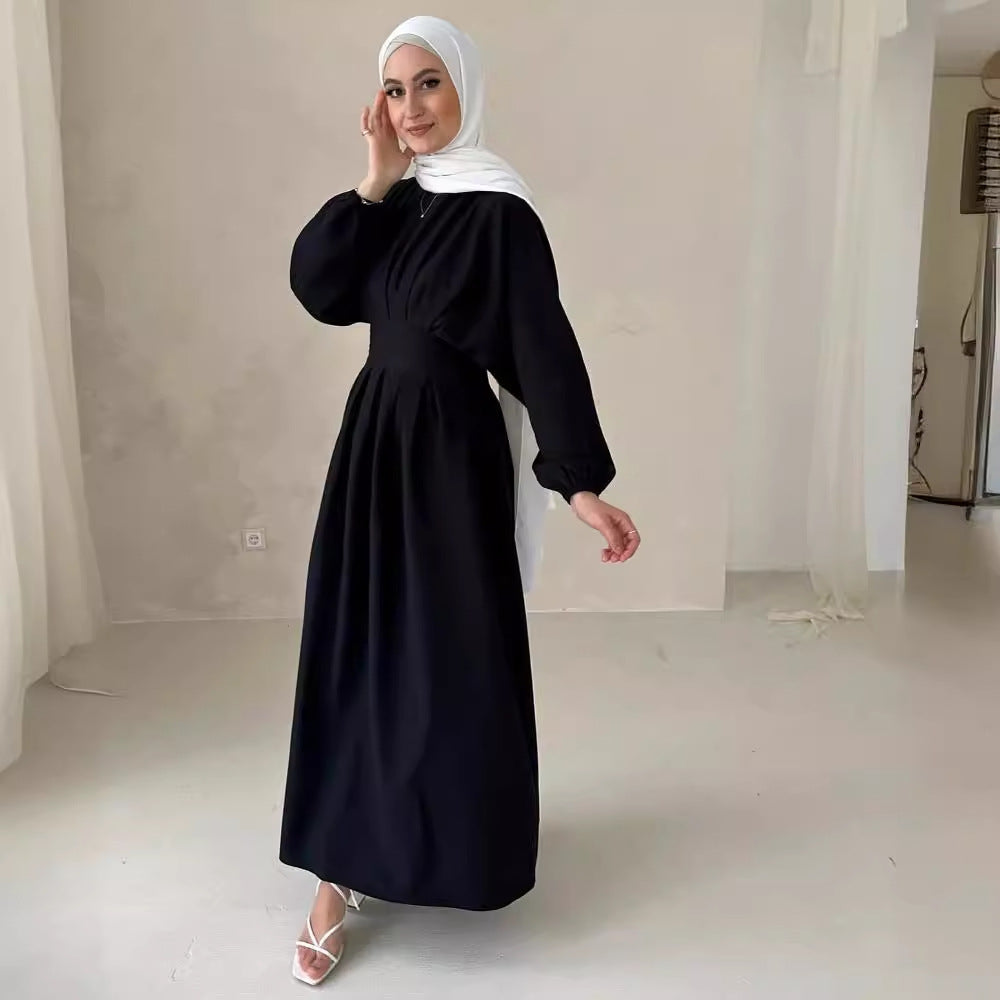 Middle East Turkey Dubai Solid Color Drawstring Sleeve Dress - Meesal