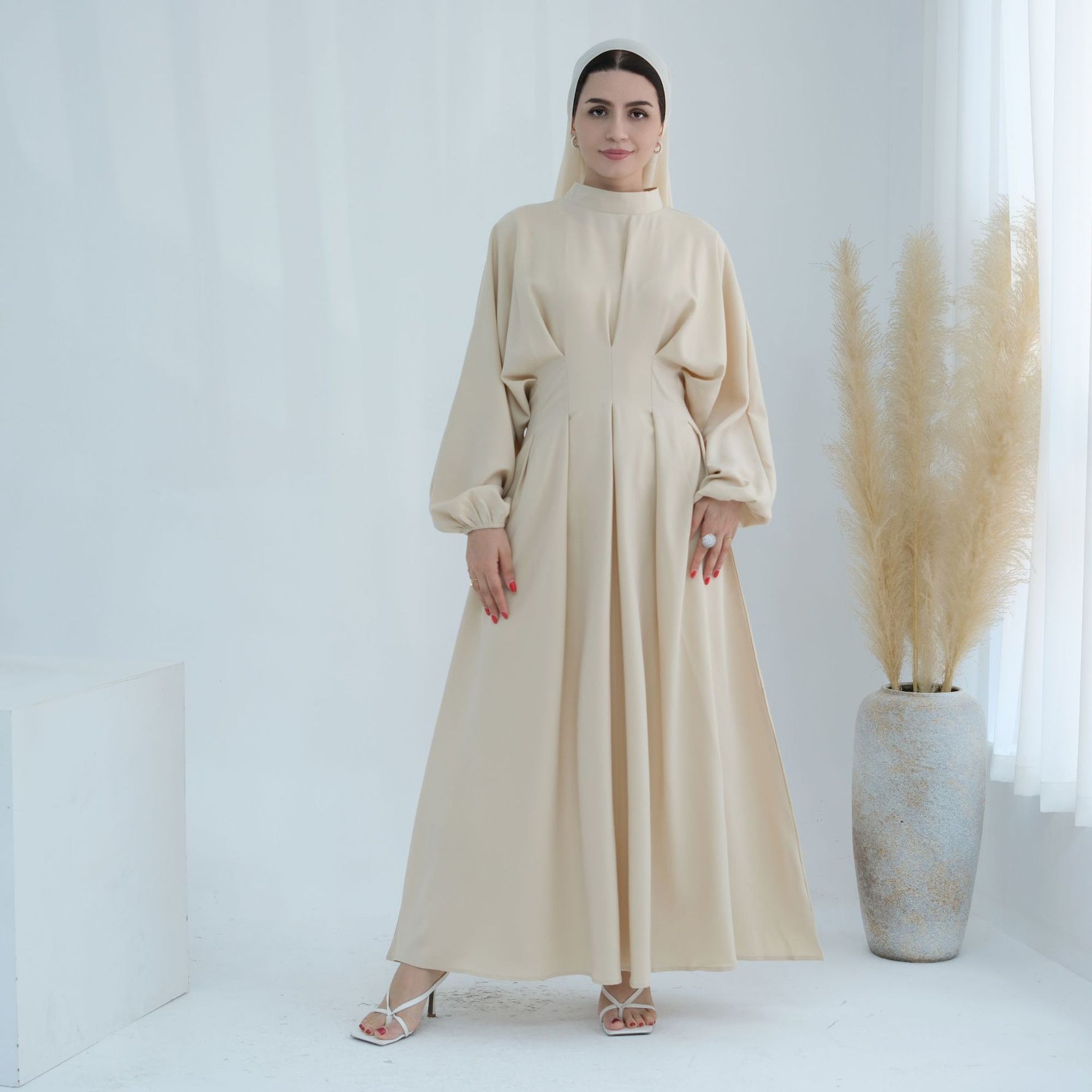 Middle East Turkey Dubai Solid Color Drawstring Sleeve Dress - Meesal