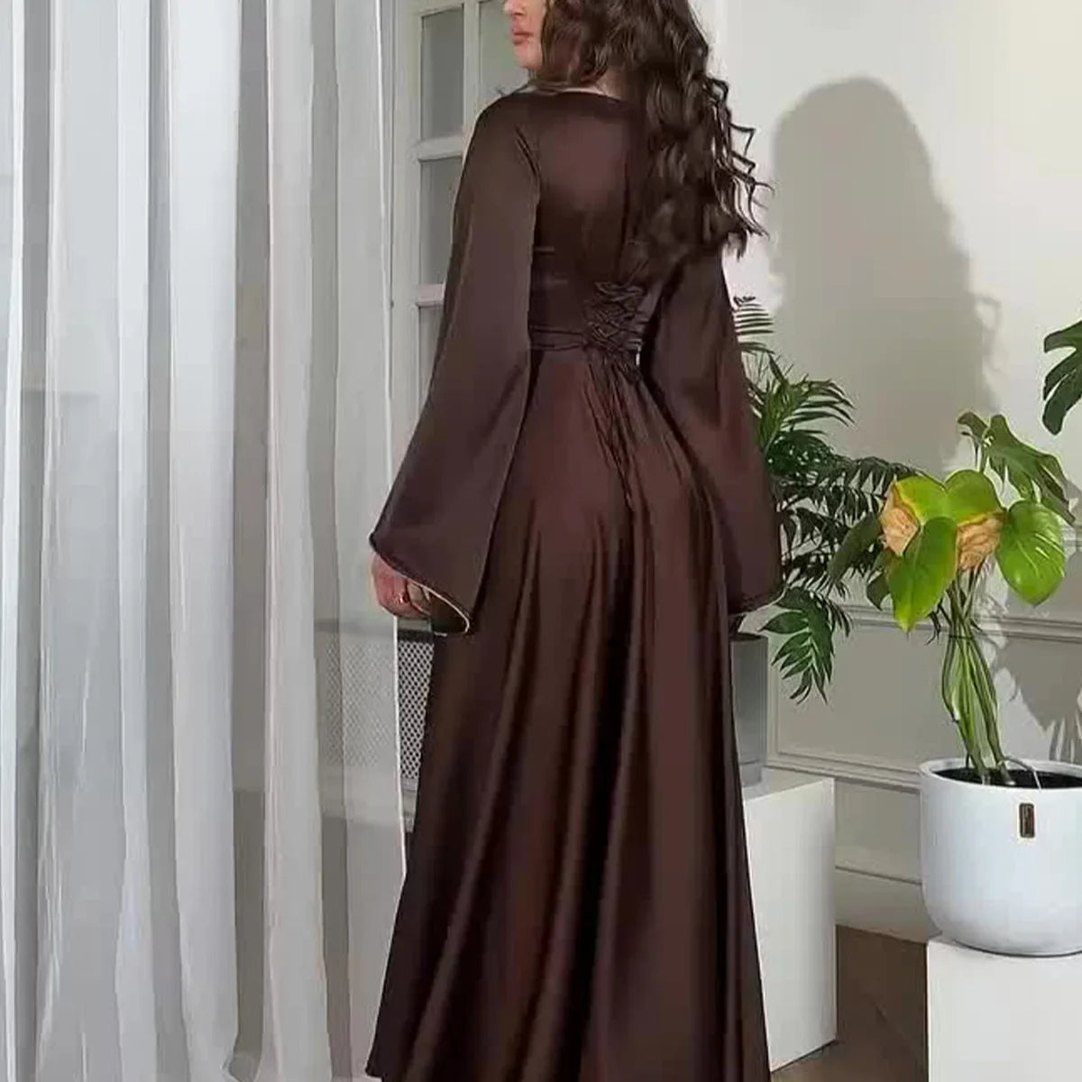 Women Satin Long Dresses Lace Up Slim Evening Dresses Simple Round Neck Flare Sleeve Birthday Party Dresses For Women