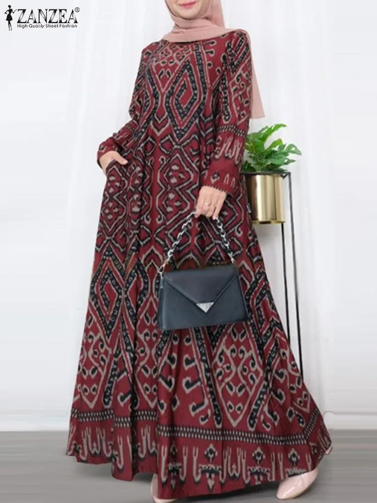ZANZEA Women Spring Muslim Abaya Maxi Long Dress Vintage Long Sleeve Floral Printed Sundress Robe Femme Turkey Hijab Vestido - Meesal