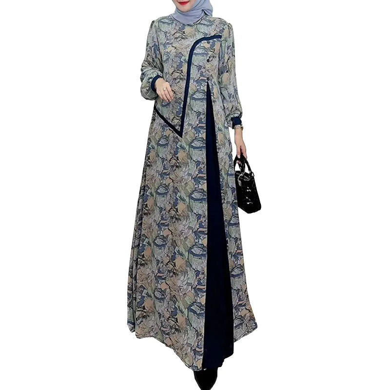 ZANZEA Women Fashion Long Sleeve Muslim Dress Patchwork Abaya Hijab Dresses Islamic Robe Femme Bohemain Floral Printed Sundress - Meesal