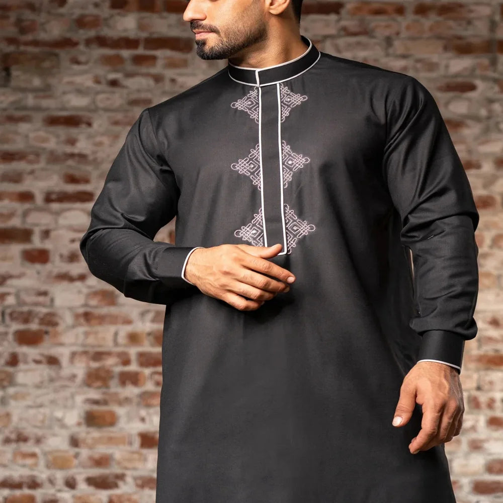 Solid Color Embroidery Long Robe - Meesal
