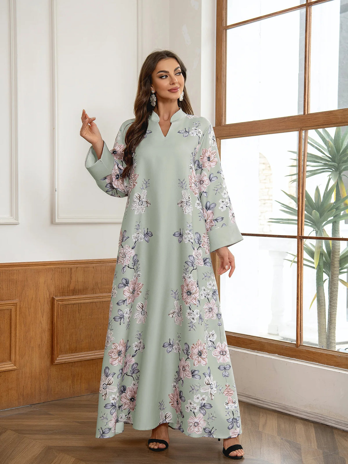 Floral Print Beaded Arabic Dress - Meesal