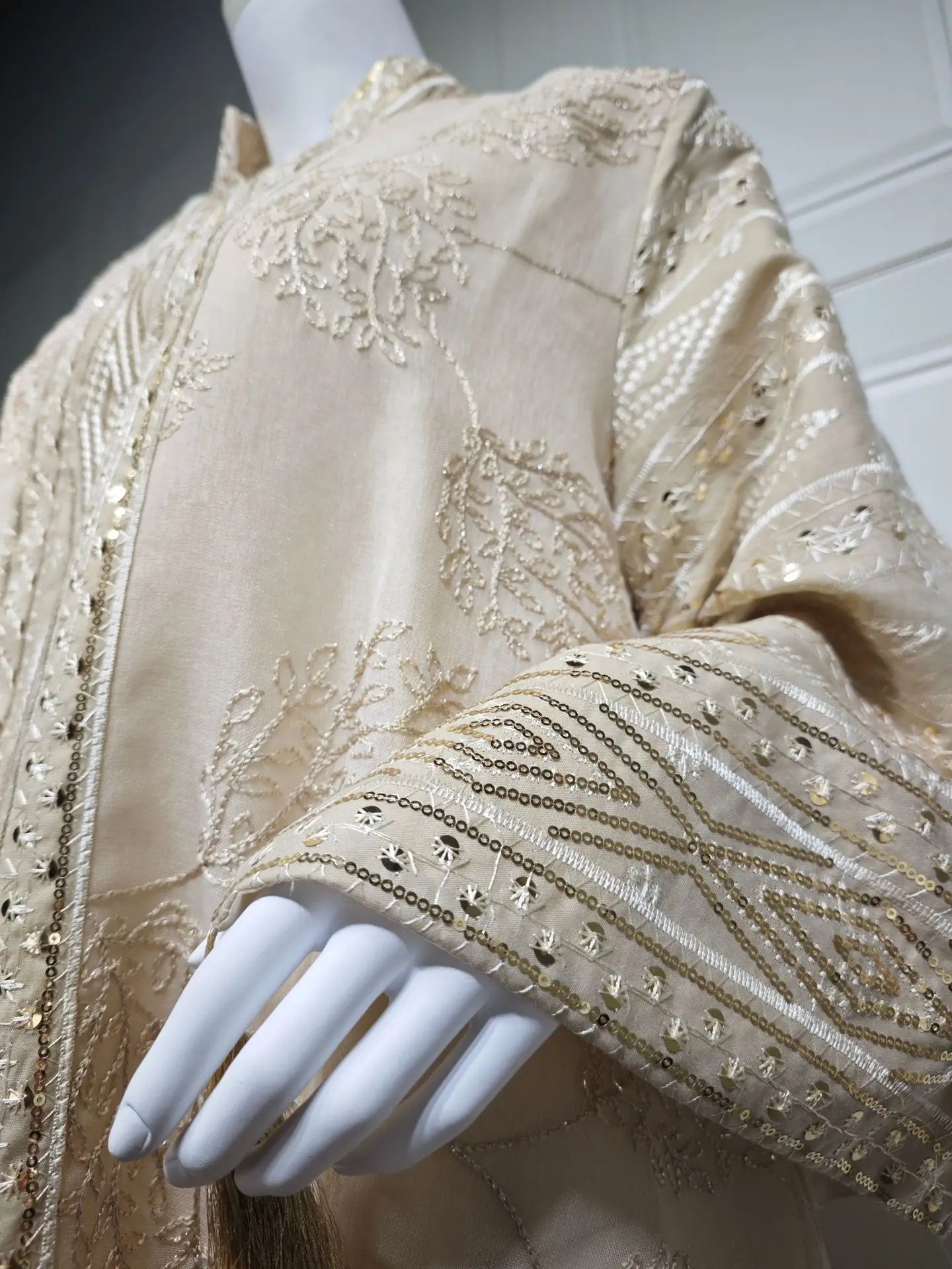 Muslim Women's Beige Islamic Embroidered Abaya with Gold Detailing Ideal for Formal Occasions in Middle East like UAE and Saudi - Meesal