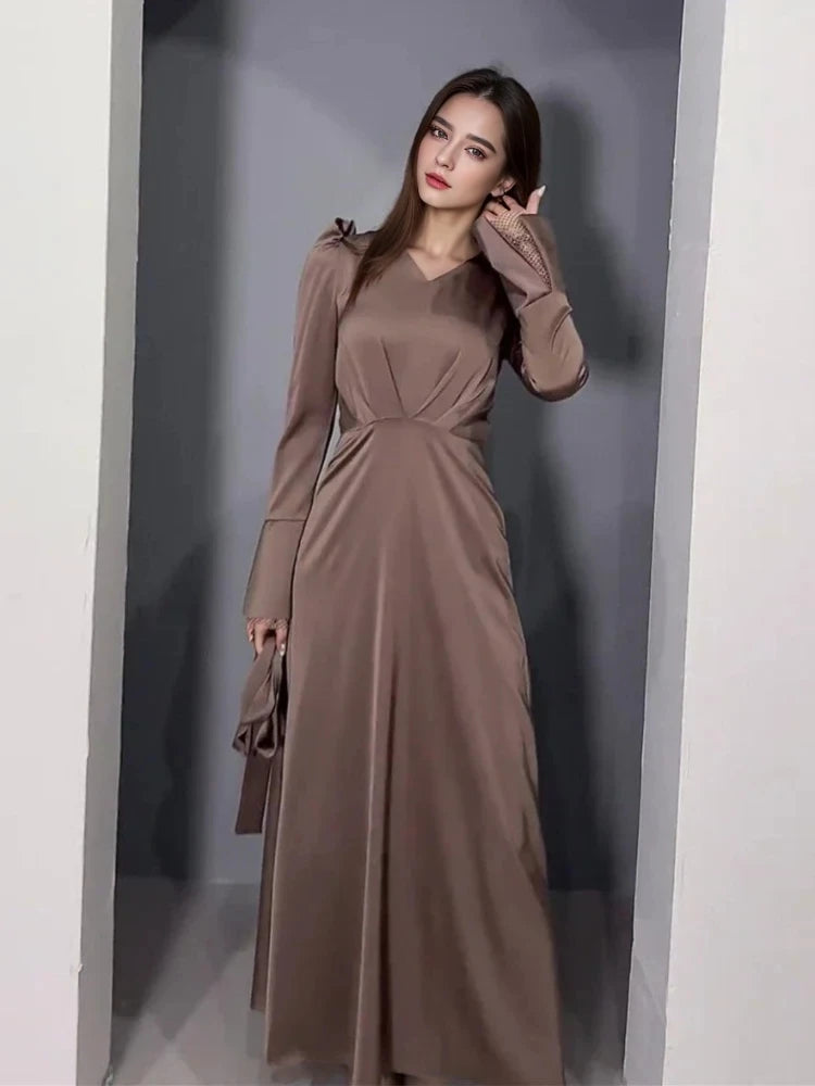Eid Muslim Dress for Women V Neck Belt Satin Maxi Long Dresses Abaya Ramadan Lace-up Abayas Kaftan Dubai Arab Modest Long Robe