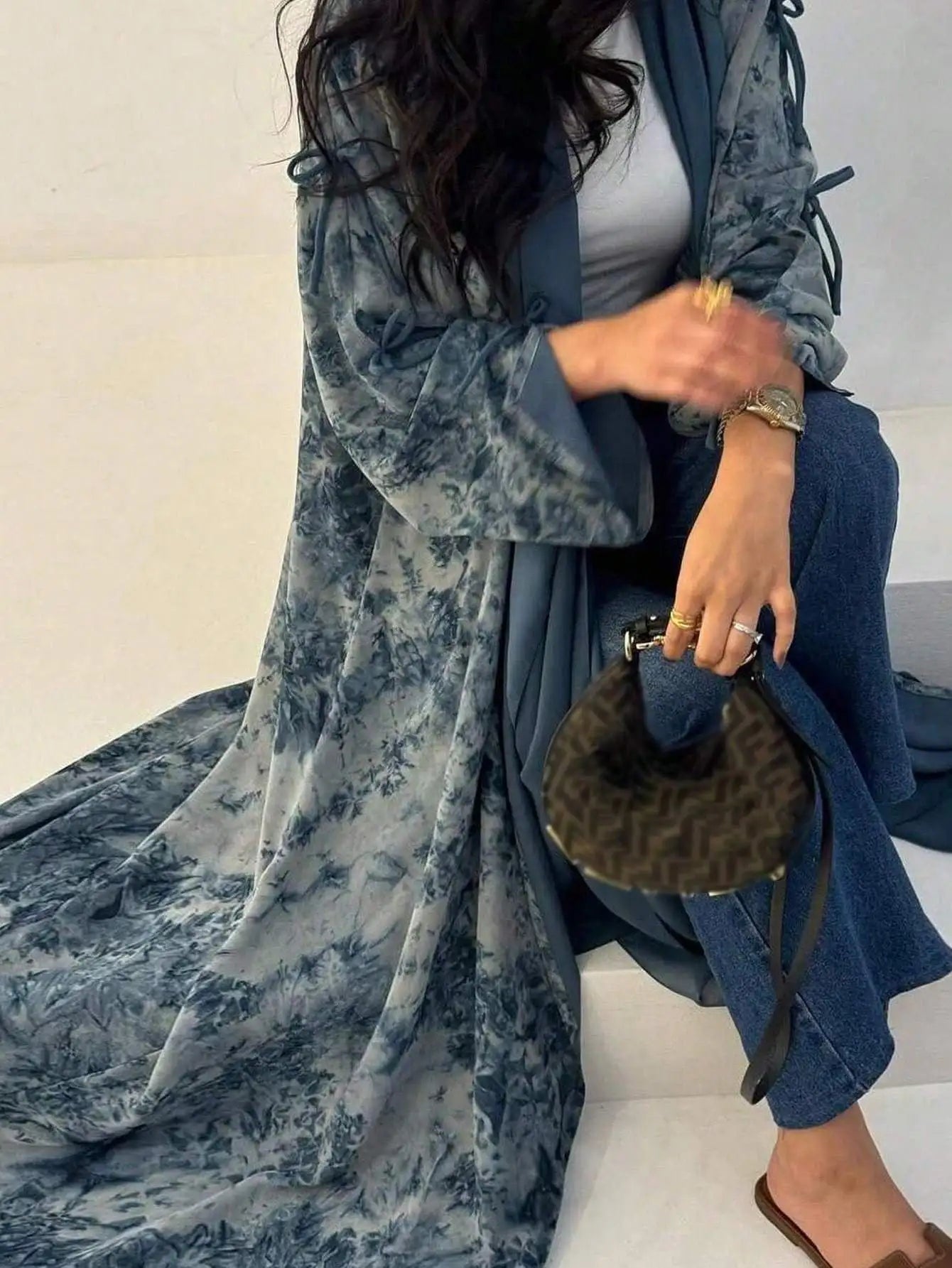 Middle Eastern Women Loose Tie Dye Abayas Casual Kaftan Arabian Maxi Dresses Full Sleeve Open Front Abaya Jilbabs Without Hajib - Meesal