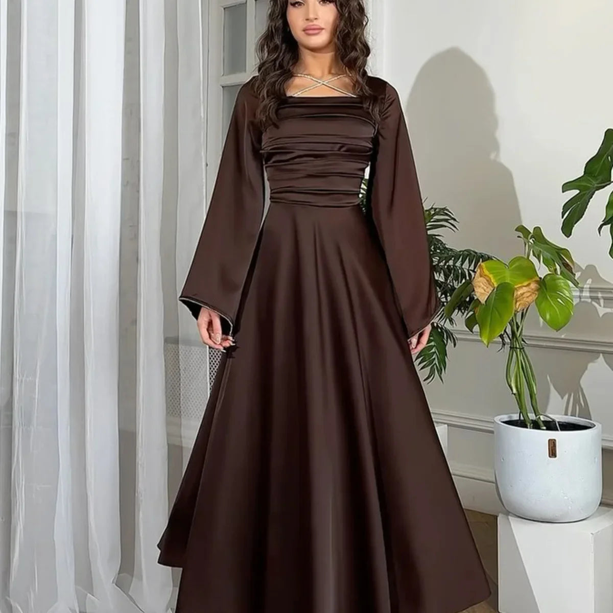 Women Satin Long Dresses Lace Up Slim Evening Dresses Simple Round Neck Flare Sleeve Birthday Party Dresses For Women
