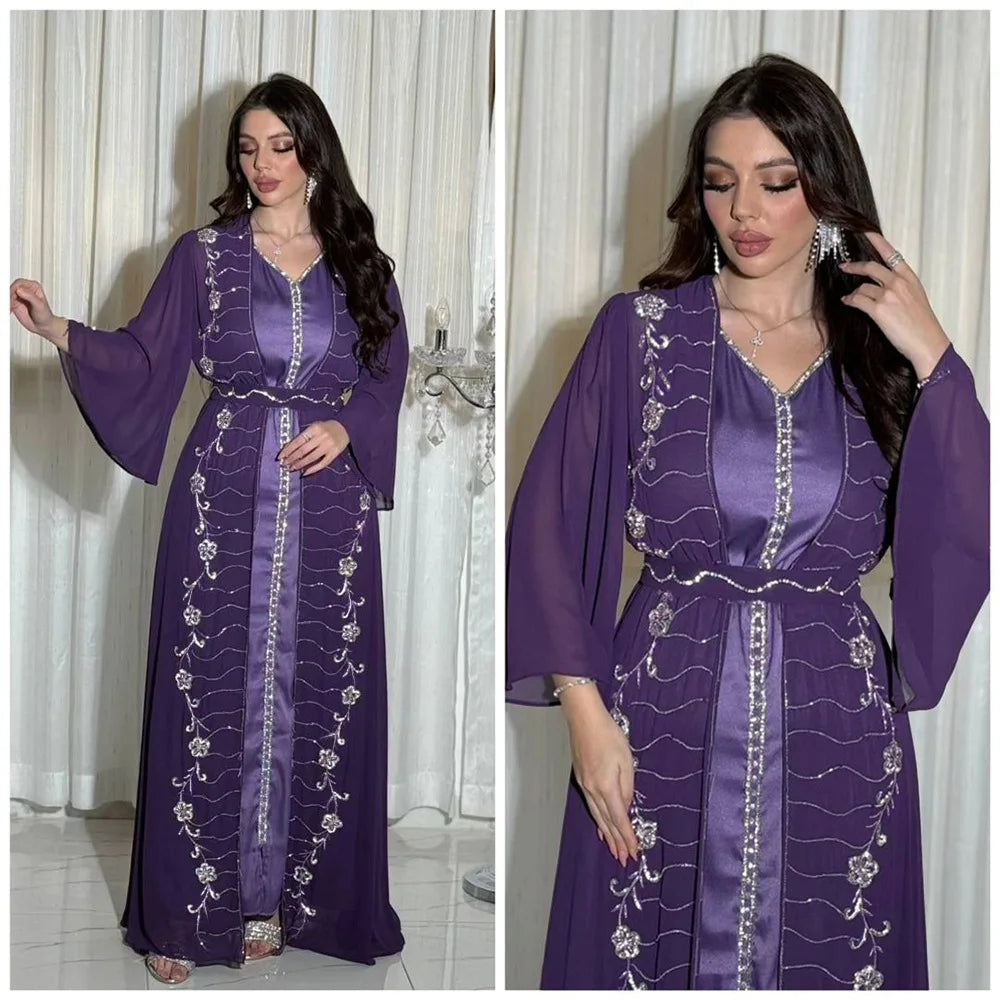 Muslim Middle East Diamonds Jalabiya Women 2 Pieces Dress Set Dubai Turkey Kaftan Abaya Marocain Robe Arabic Djellaba Eid Gown - Meesal