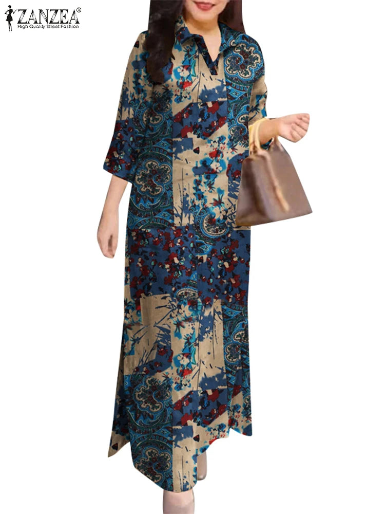 Vintage Women Dresses Floral Print Long Dress Autumn 3/4 Sleeve Shirt Dress 2025 ZANZEA Fashion Holiday Cotton Sundress - Meesal
