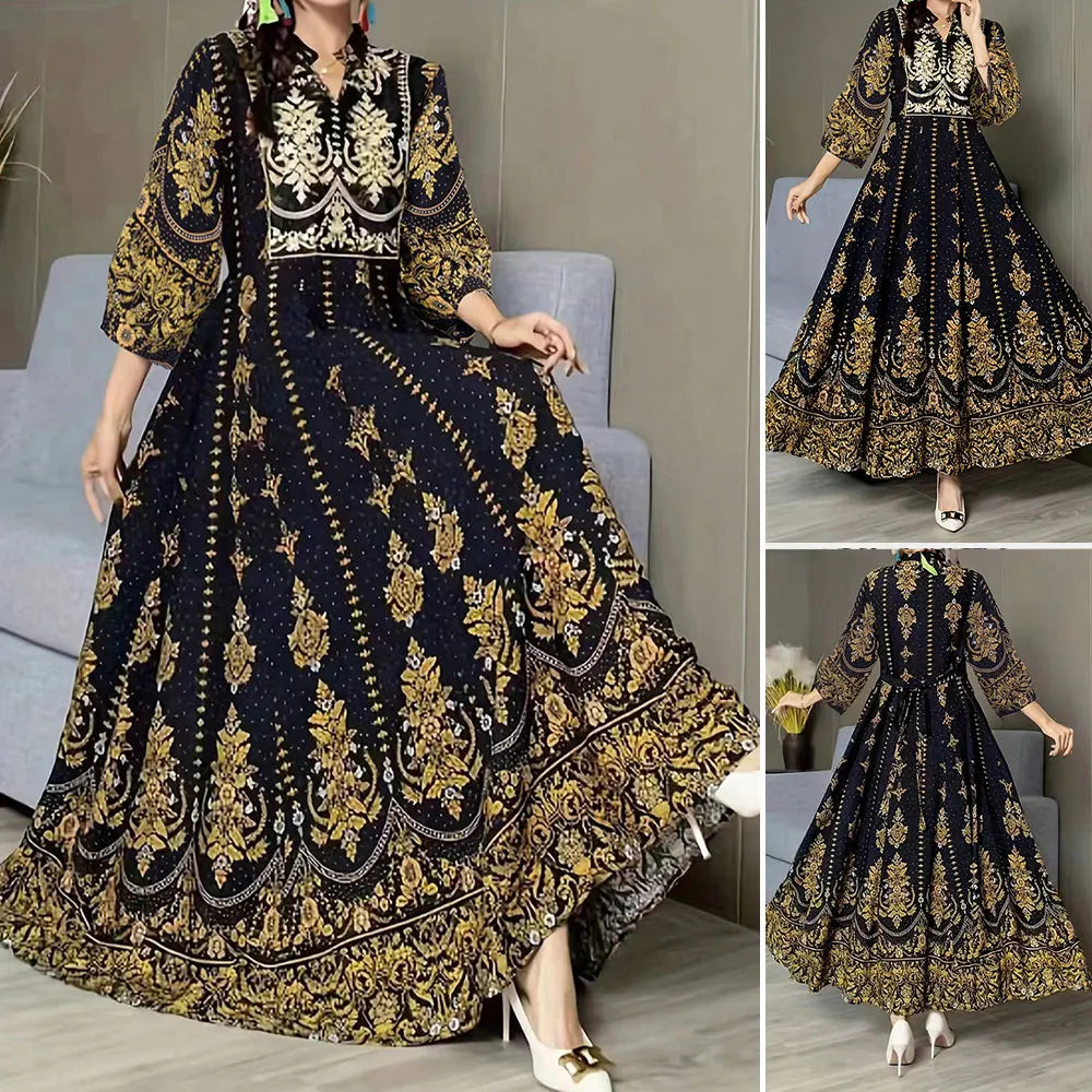 Mia Muse Boutique Ramadan Essentials Women's Muslim Luxurious Paisley Long Sleeve V-Neck Maxi Shift Dresses - Meesal
