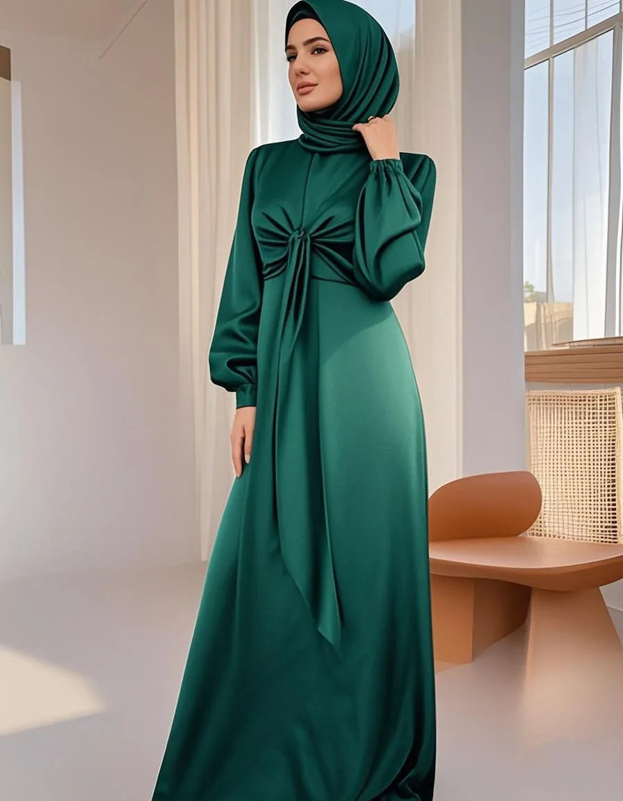 Arabic Muslim Women Modest Dress Elegant Dubai Satin Abaya Islamic Party Clothing Holiday Travel Outfit 2025 Turkey Robe - Meesal