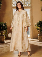 Muslim Women's Beige Islamic Embroidered Abaya with Gold Detailing Ideal for Formal Occasions in Middle East like UAE and Saudi - Meesal