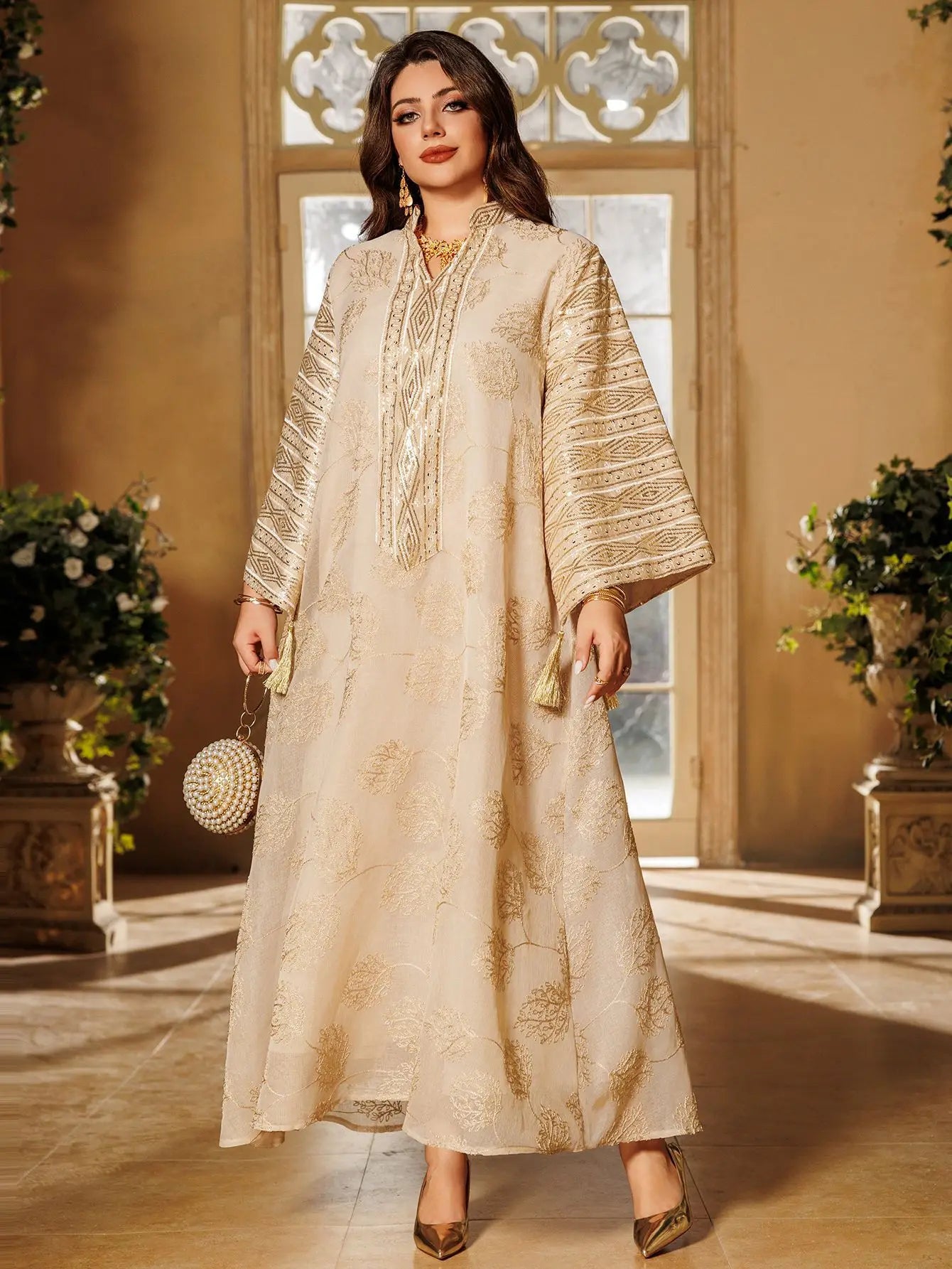 Muslim Women's Beige Islamic Embroidered Abaya with Gold Detailing Ideal for Formal Occasions in Middle East like UAE and Saudi - Meesal