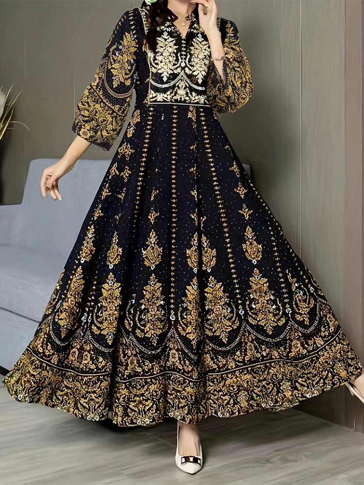 Mia Muse Boutique Ramadan Essentials Women's Muslim Luxurious Paisley Long Sleeve V-Neck Maxi Shift Dresses - Meesal
