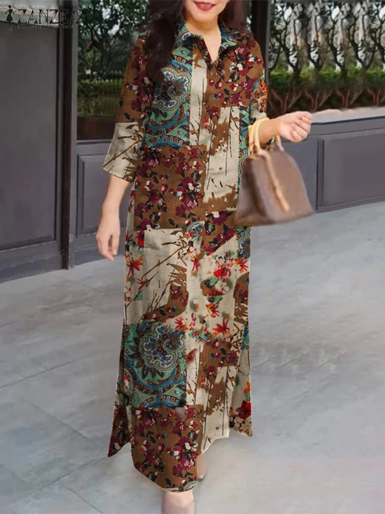 Vintage Women Dresses Floral Print Long Dress Autumn 3/4 Sleeve Shirt Dress 2025 ZANZEA Fashion Holiday Cotton Sundress - Meesal