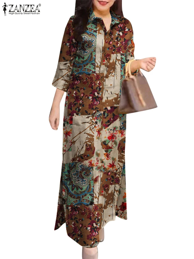Vintage Women Dresses Floral Print Long Dress Autumn 3/4 Sleeve Shirt Dress 2025 ZANZEA Fashion Holiday Cotton Sundress - Meesal