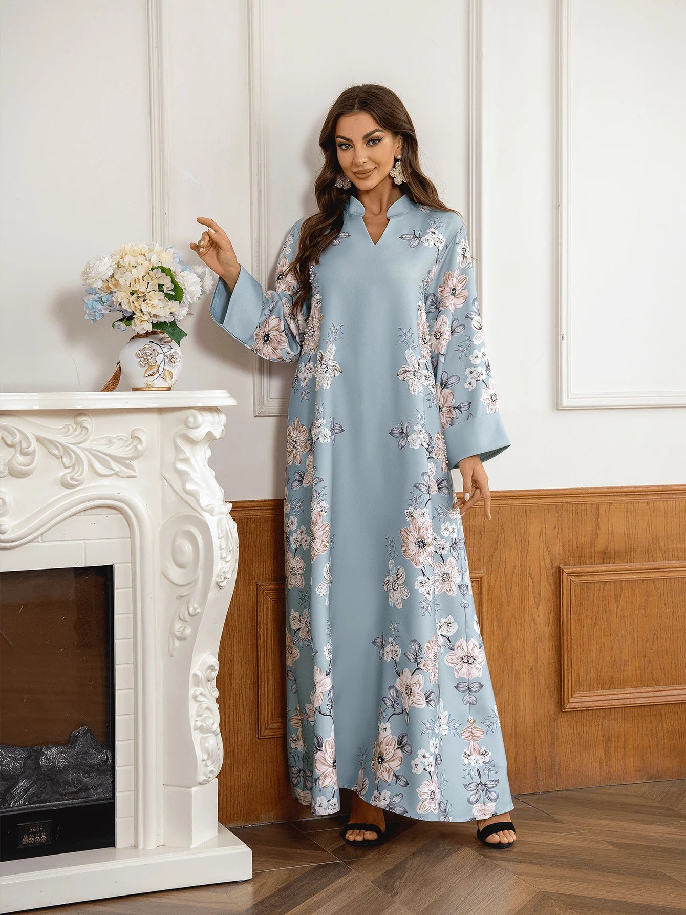 Floral Print Beaded Arabic Dress - Meesal