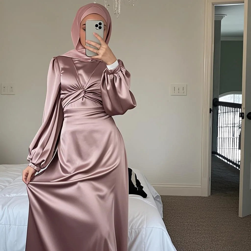 Arabic Muslim Women Modest Dress Elegant Dubai Satin Abaya Islamic Party Clothing Holiday Travel Outfit 2025 Turkey Robe - Meesal