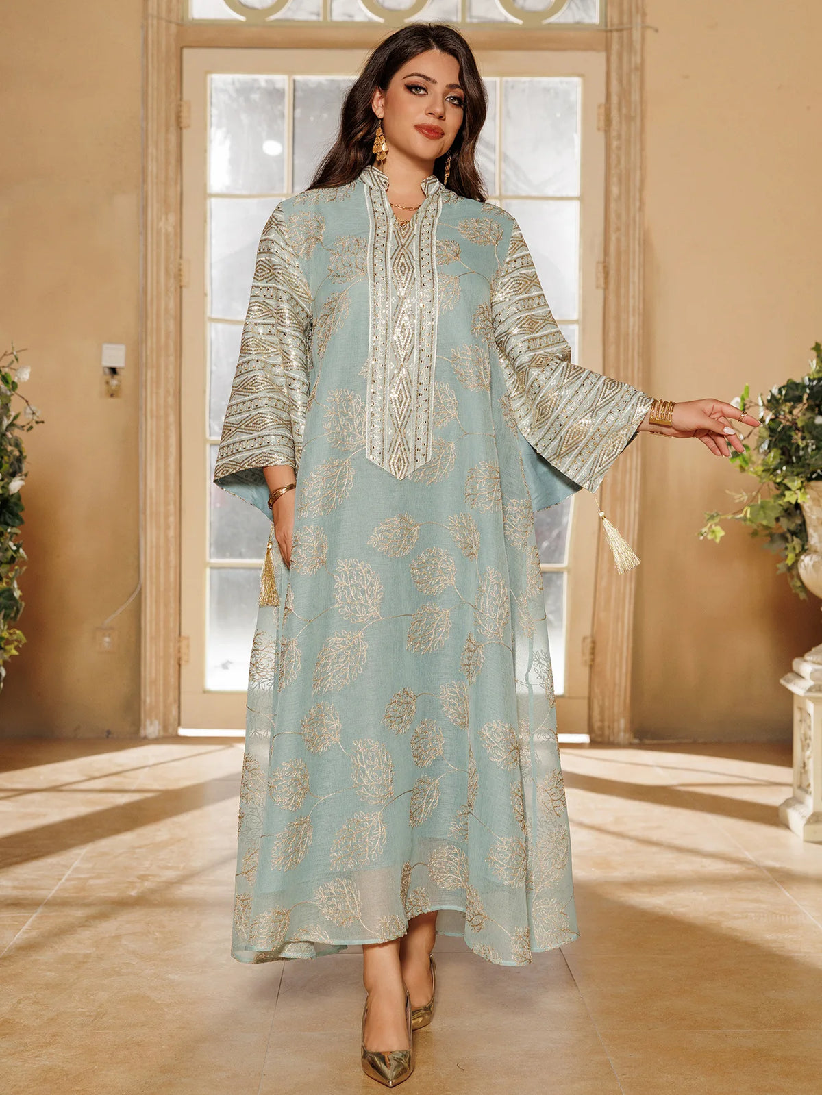 Muslim Women's Beige Islamic Embroidered Abaya with Gold Detailing Ideal for Formal Occasions in Middle East like UAE and Saudi - Meesal