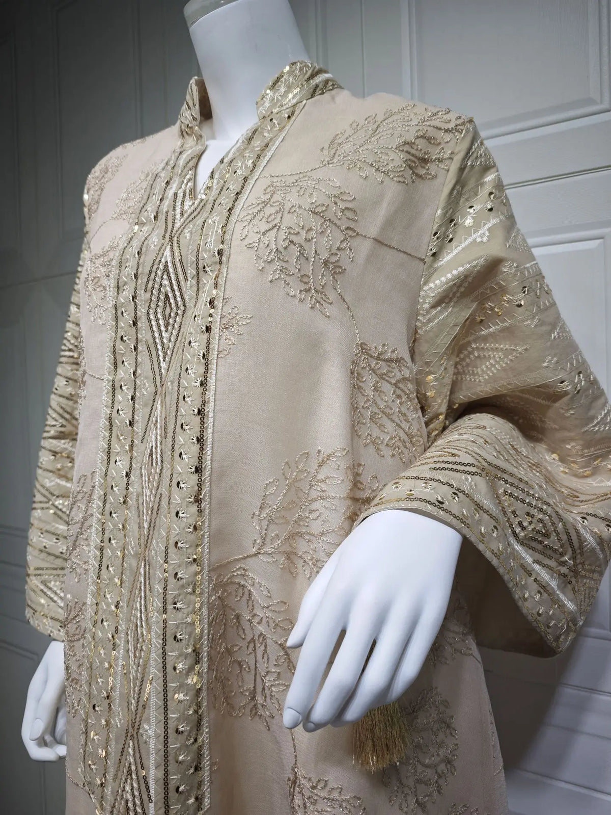 Muslim Women's Beige Islamic Embroidered Abaya with Gold Detailing Ideal for Formal Occasions in Middle East like UAE and Saudi - Meesal