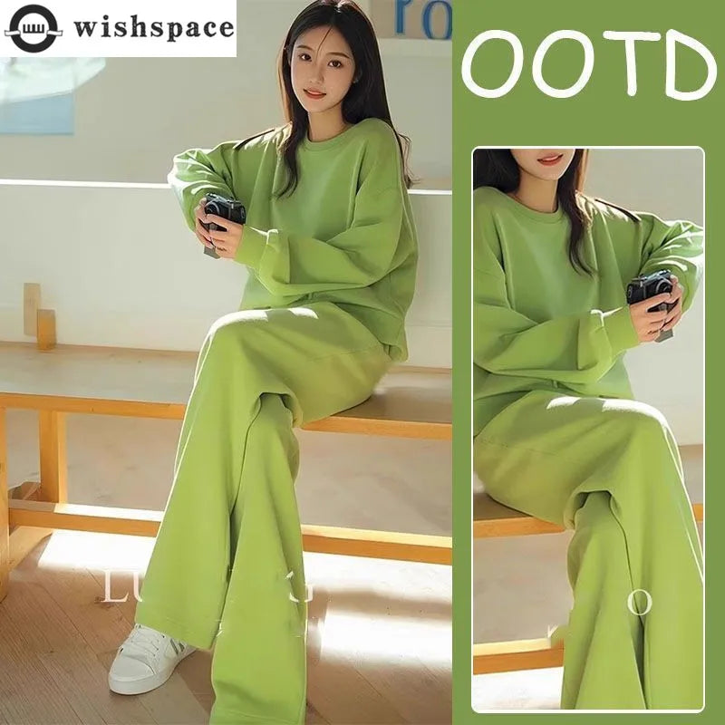 Fashion and Casual Women's Set Spring and Autumn Korean Round Neck Top Casual Wide Leg Pants Two-piece Set for Women