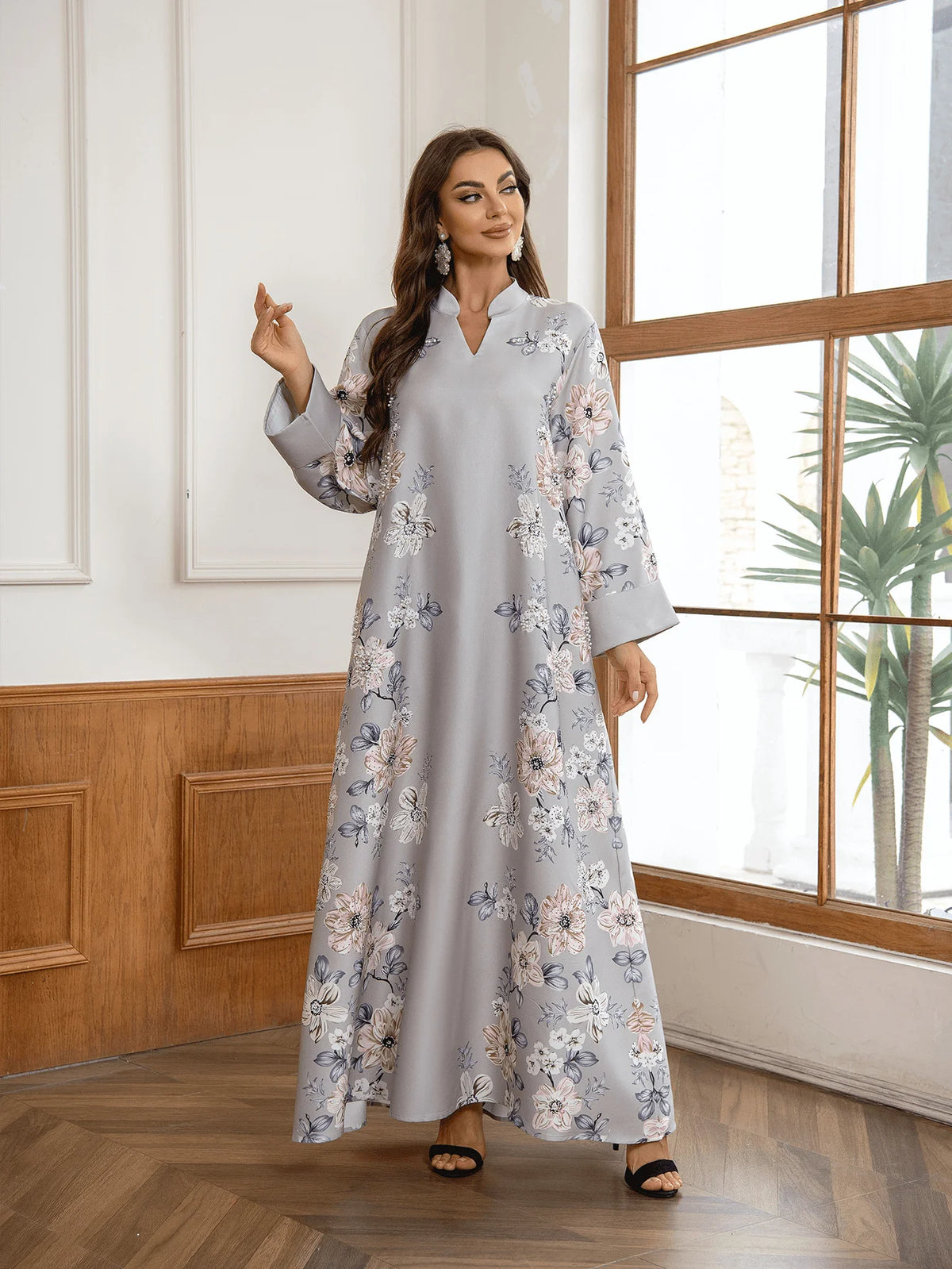 Floral Print Beaded Arabic Dress - Meesal