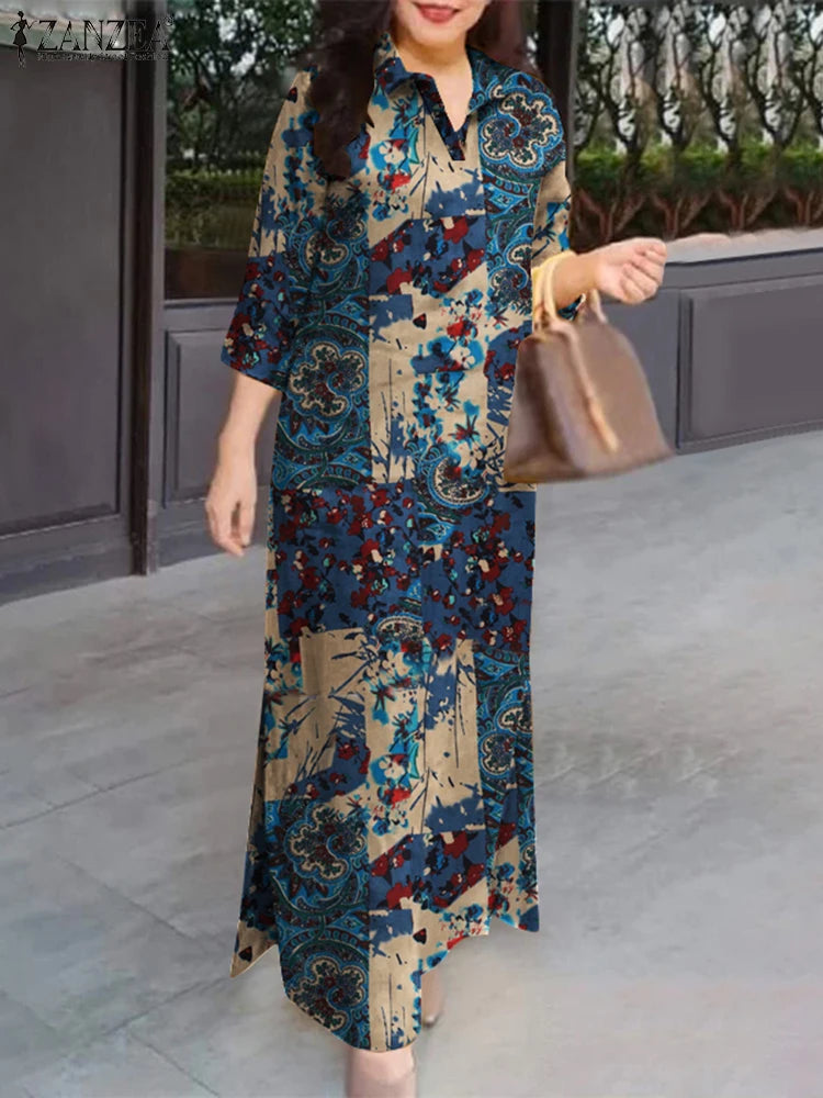 Vintage Women Dresses Floral Print Long Dress Autumn 3/4 Sleeve Shirt Dress 2025 ZANZEA Fashion Holiday Cotton Sundress - Meesal