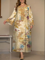 Muslim Diamonds Pressed 2025 New Arrivals Pure Silk Long Sleeve Flower Printing Vintage Casual High Quality Women Midi Dress - Meesal