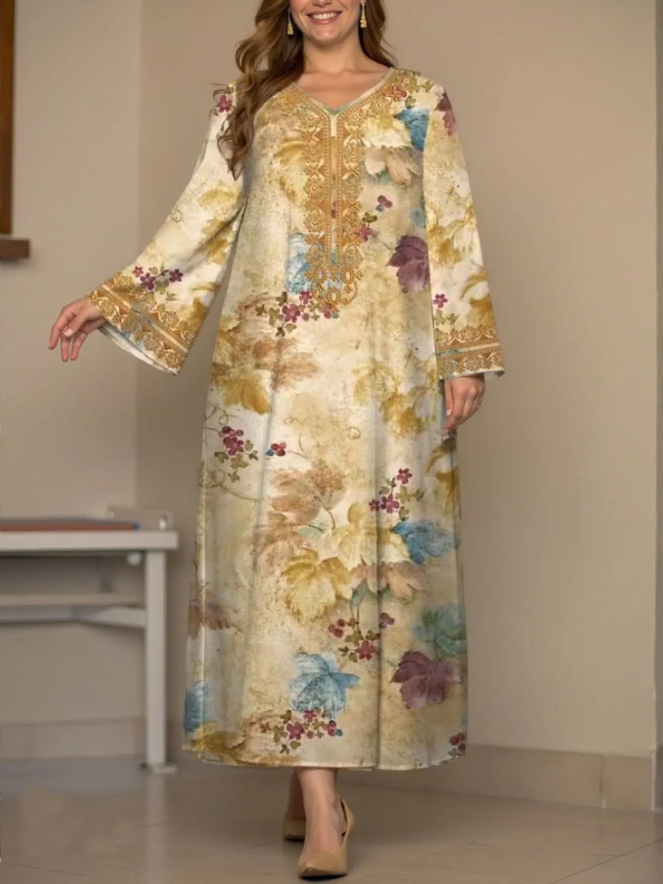 Muslim Diamonds Pressed 2025 New Arrivals Pure Silk Long Sleeve Flower Printing Vintage Casual High Quality Women Midi Dress - Meesal