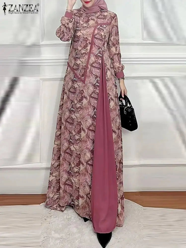ZANZEA Women Fashion Long Sleeve Muslim Dress Patchwork Abaya Hijab Dresses Islamic Robe Femme Bohemain Floral Printed Sundress - Meesal