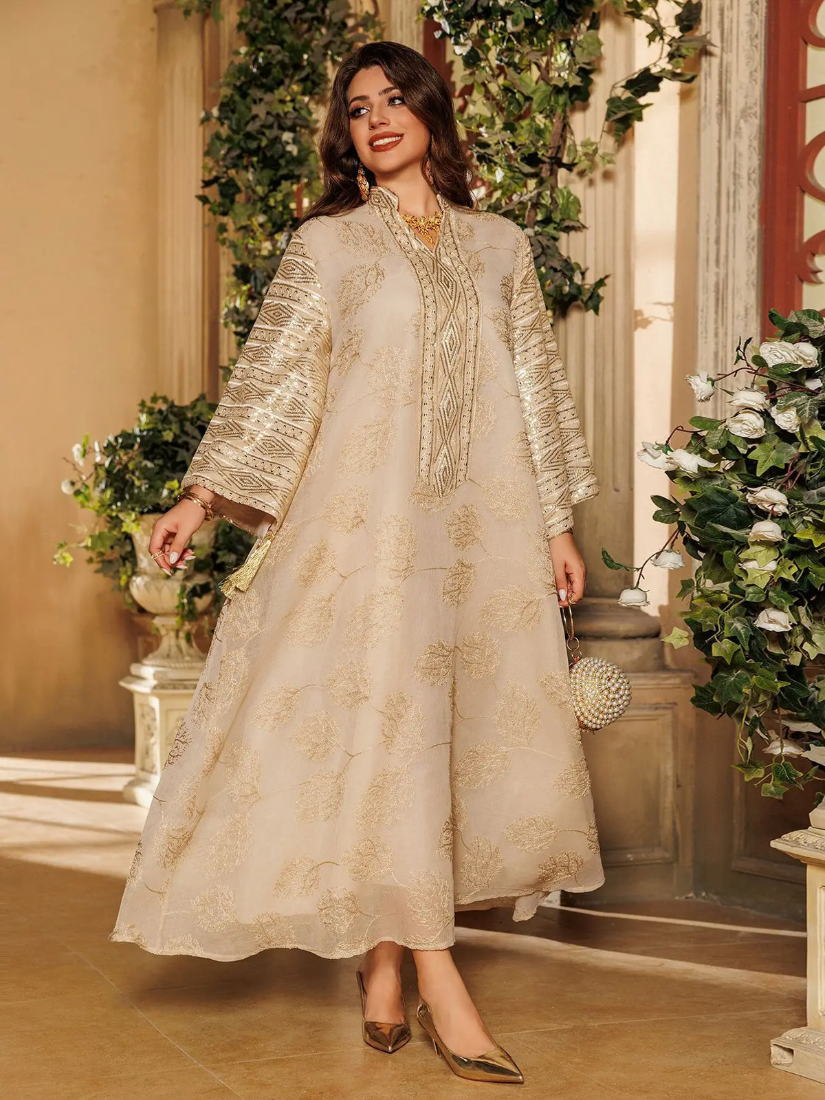 Muslim Women's Beige Islamic Embroidered Abaya with Gold Detailing Ideal for Formal Occasions in Middle East like UAE and Saudi - Meesal