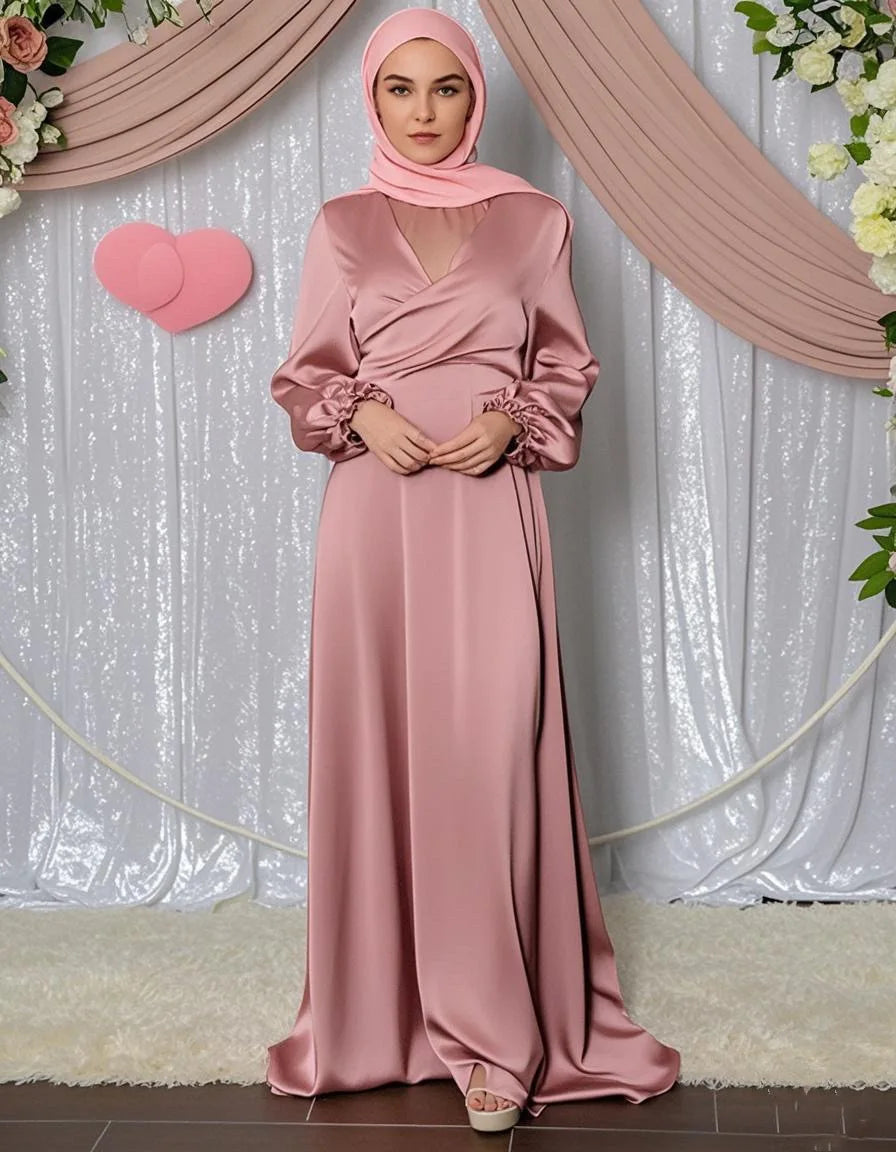 Arabic Muslim Women Modest Dress Elegant Dubai Satin Abaya Islamic Party Clothing Holiday Travel Outfit 2025 Turkey Robe - Meesal