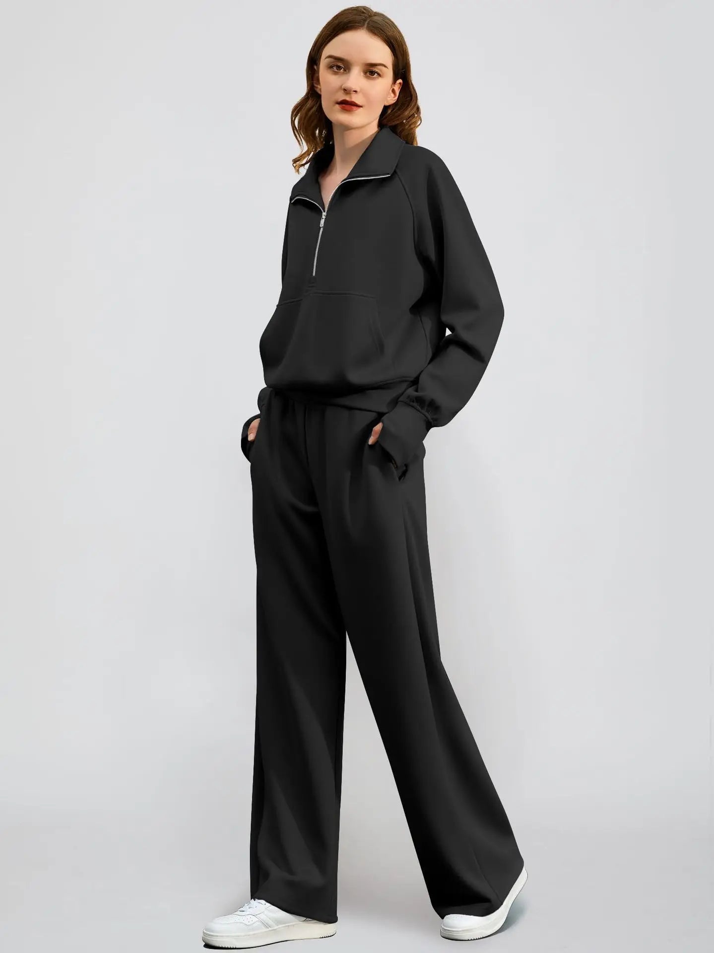 Woman Solid Color Half Zip Long Sleeve Sweatshirt and Wide Leg Pants Set Casual Sporty Two Piece Outfit
