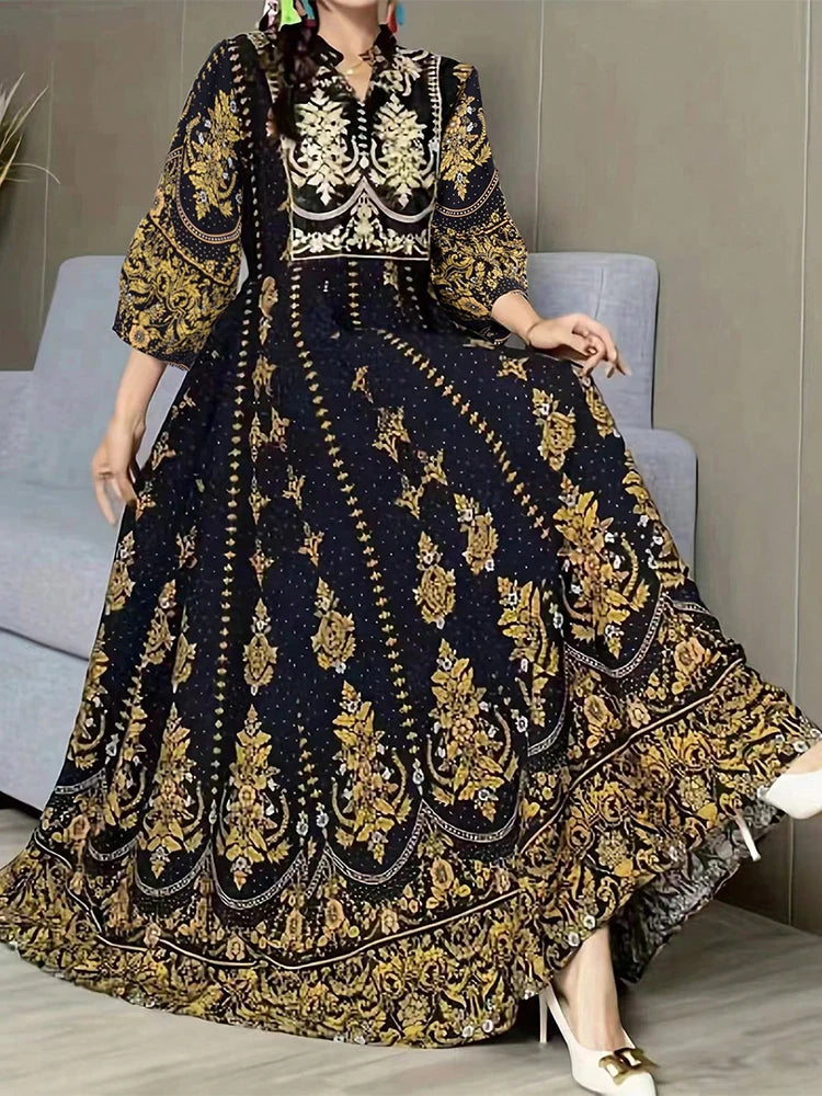 Mia Muse Boutique Ramadan Essentials Women's Muslim Luxurious Paisley Long Sleeve V-Neck Maxi Shift Dresses - Meesal