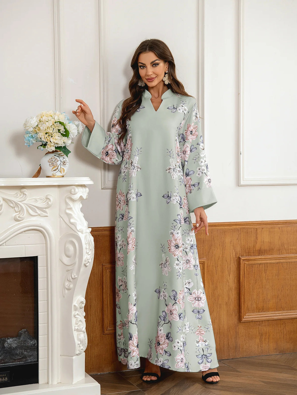 Floral Print Beaded Arabic Dress - Meesal