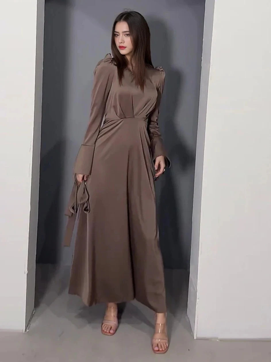 Eid Muslim Dress for Women V Neck Belt Satin Maxi Long Dresses Abaya Ramadan Lace-up Abayas Kaftan Dubai Arab Modest Long Robe