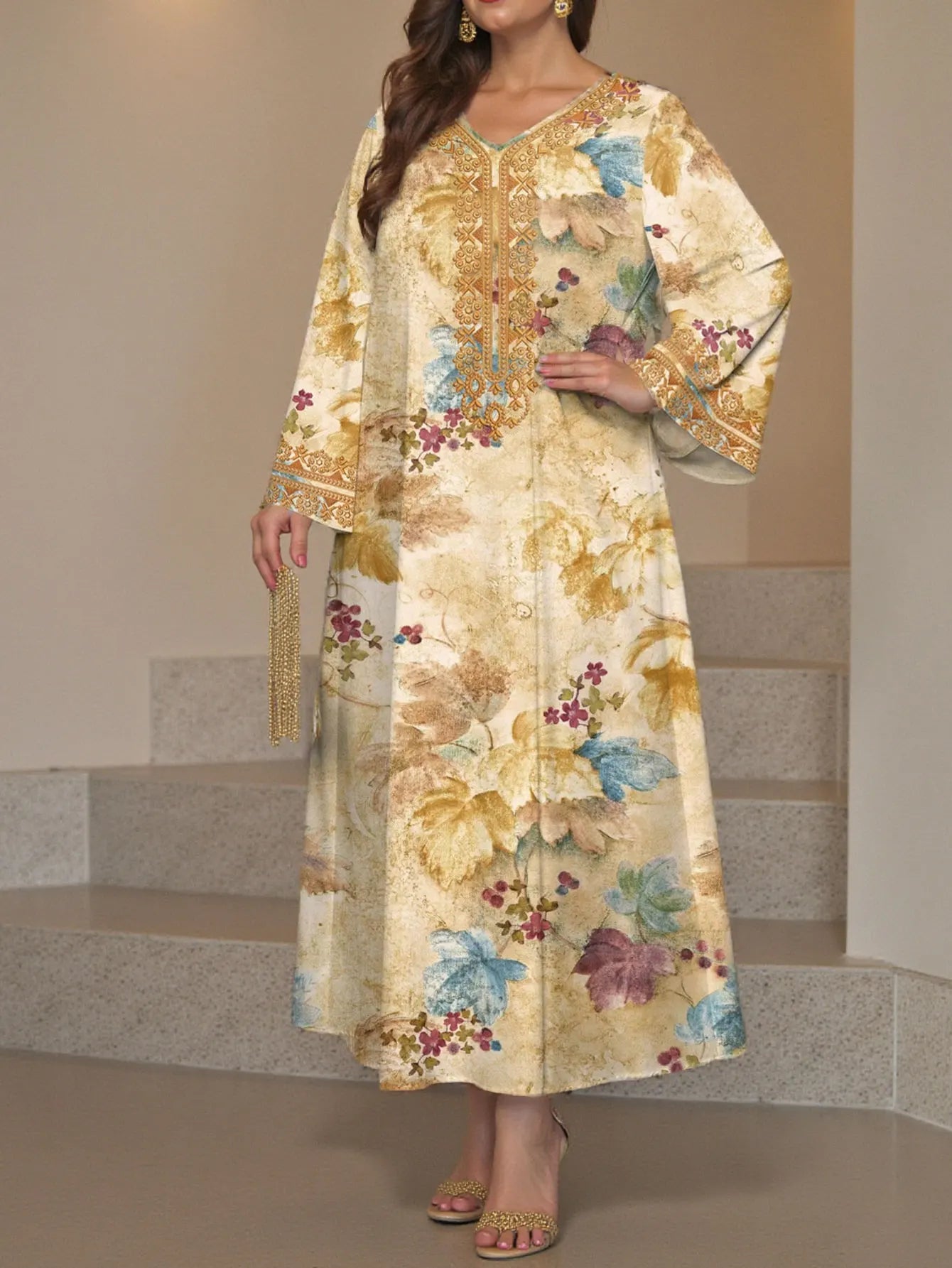Muslim Diamonds Pressed 2025 New Arrivals Pure Silk Long Sleeve Flower Printing Vintage Casual High Quality Women Midi Dress - Meesal