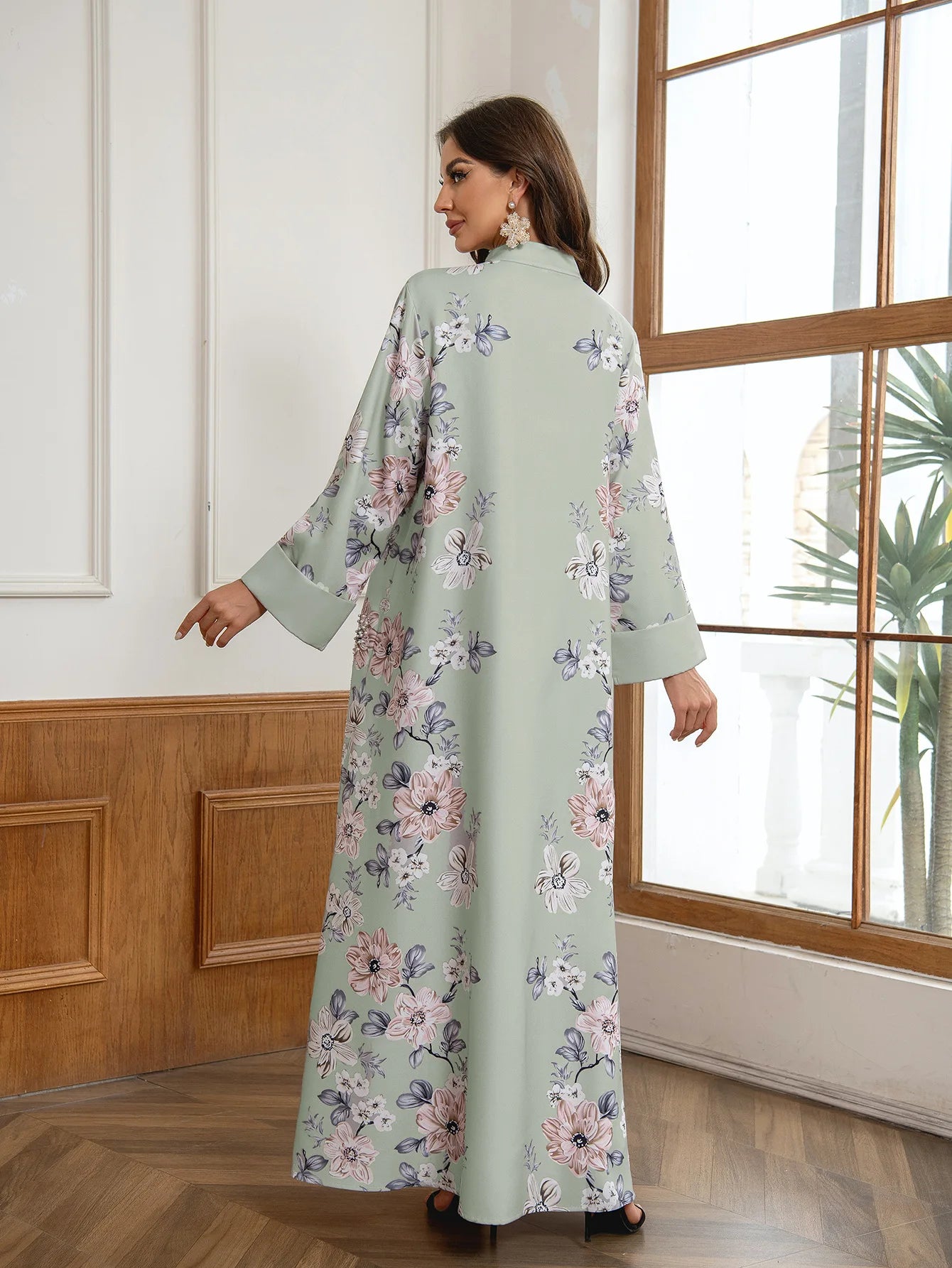 Floral Print Beaded Arabic Dress - Meesal