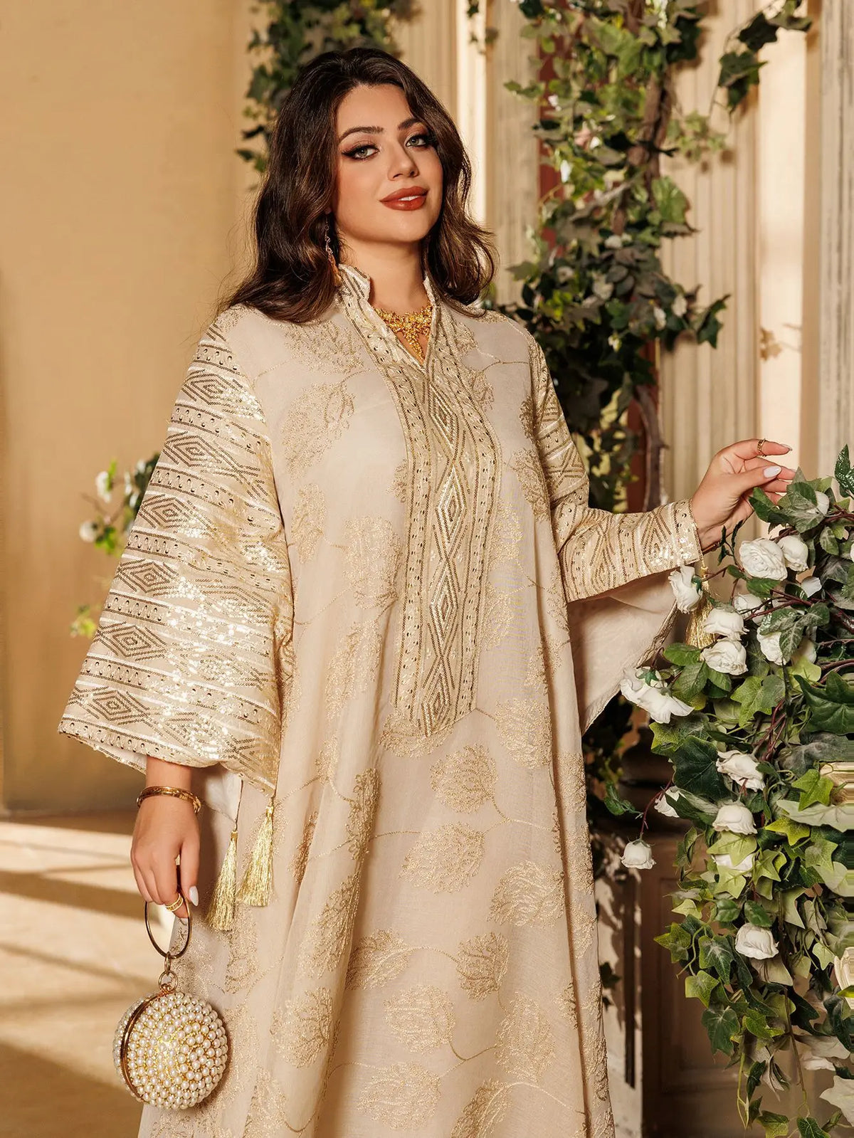 Muslim Women's Beige Islamic Embroidered Abaya with Gold Detailing Ideal for Formal Occasions in Middle East like UAE and Saudi - Meesal