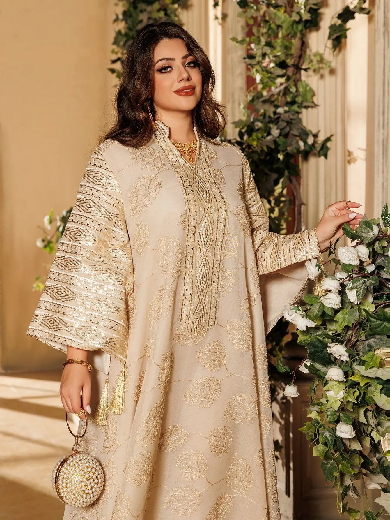 Muslim Women's Beige Islamic Embroidered Abaya with Gold Detailing Ideal for Formal Occasions in Middle East like UAE and Saudi - Meesal