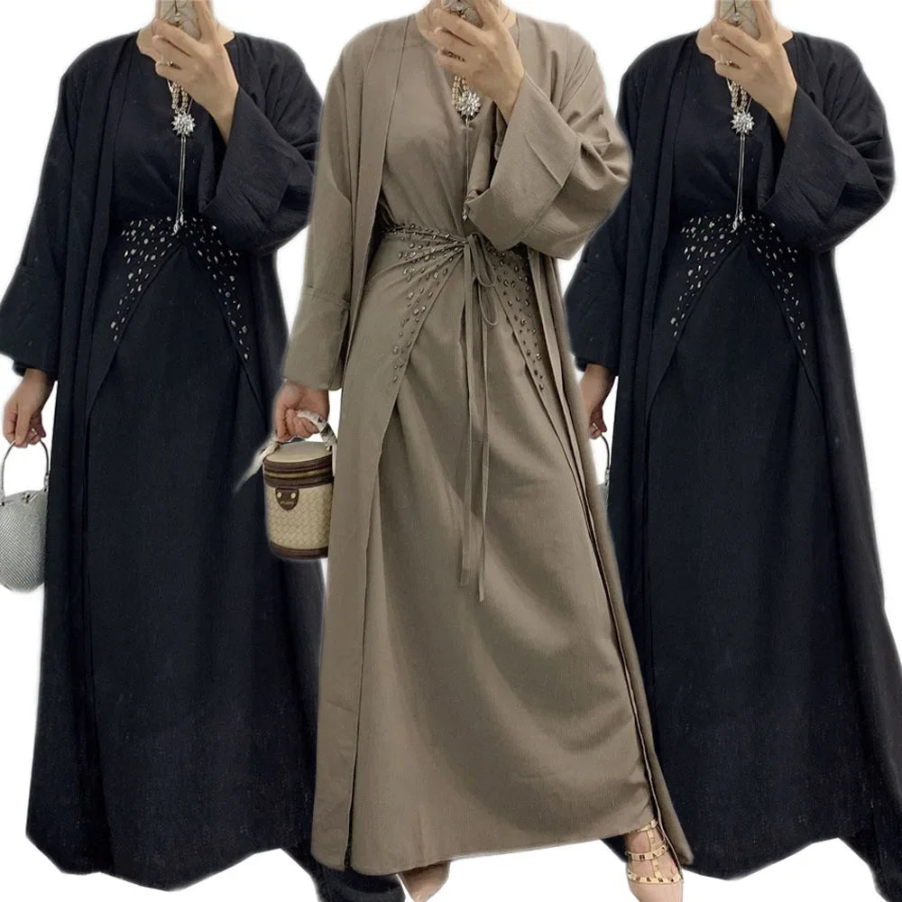 Eid Ramadan Muslim Arabic Abaya Islamic Women 3pcs/4pcs Suits Beads Open Kimono+Wrap+Dress Middle East Dubai Kaftan Turkey Sets - Meesal