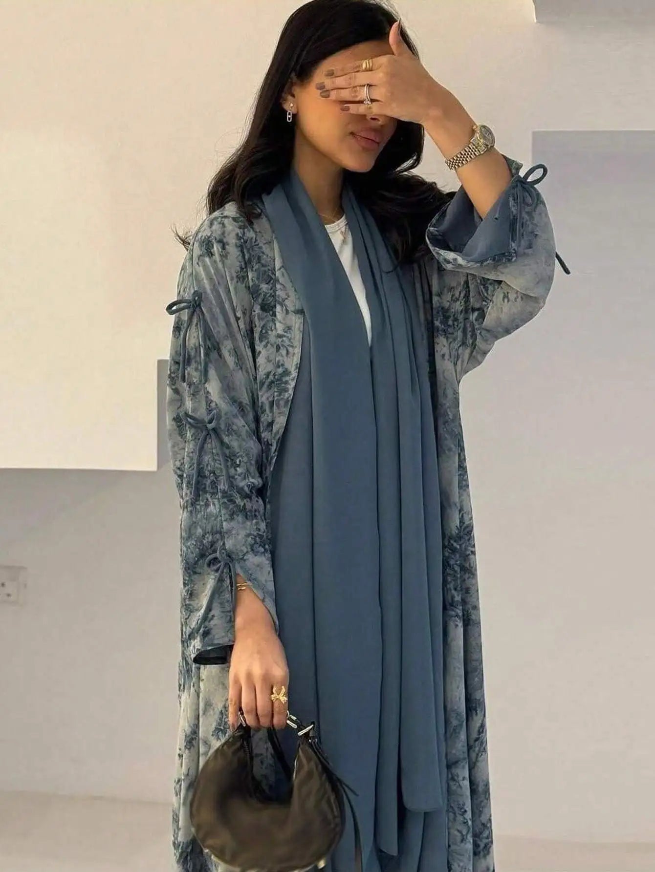 Middle Eastern Women Loose Tie Dye Abayas Casual Kaftan Arabian Maxi Dresses Full Sleeve Open Front Abaya Jilbabs Without Hajib - Meesal